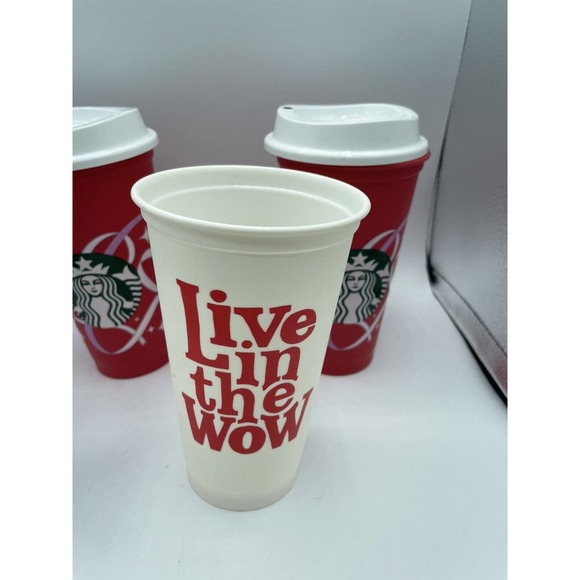5 Starbucks Christmas Holiday Red White16 Oz. Recycled Travel Cups Mugs w 3 Lids - Picture 4 of 8